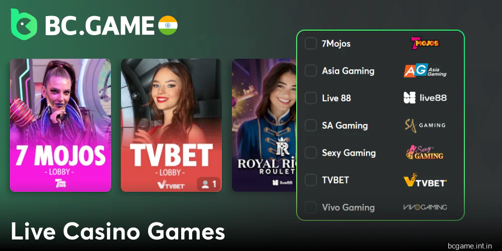 Live casino categories for BC Game IN players